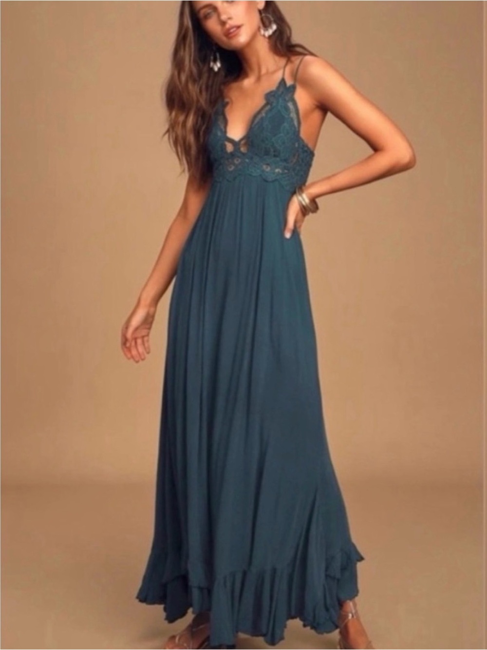 Free People Teal Lace-Trim Spaghetti-Strap Maxi Dress